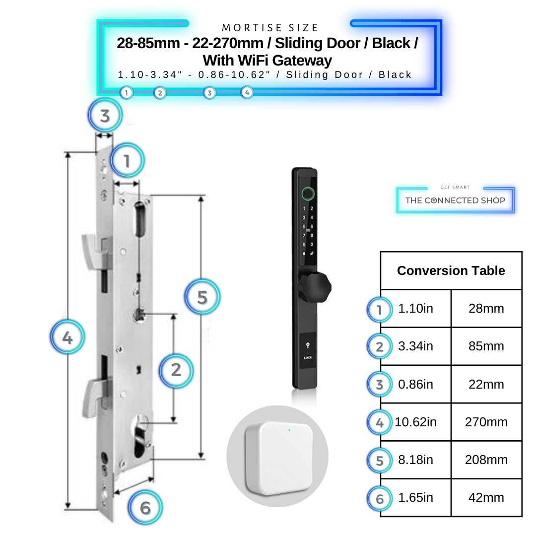Smart Door Lock Thin - 28-85mm (22x270mm) Sliding Door - Black - With WiFi Gateway