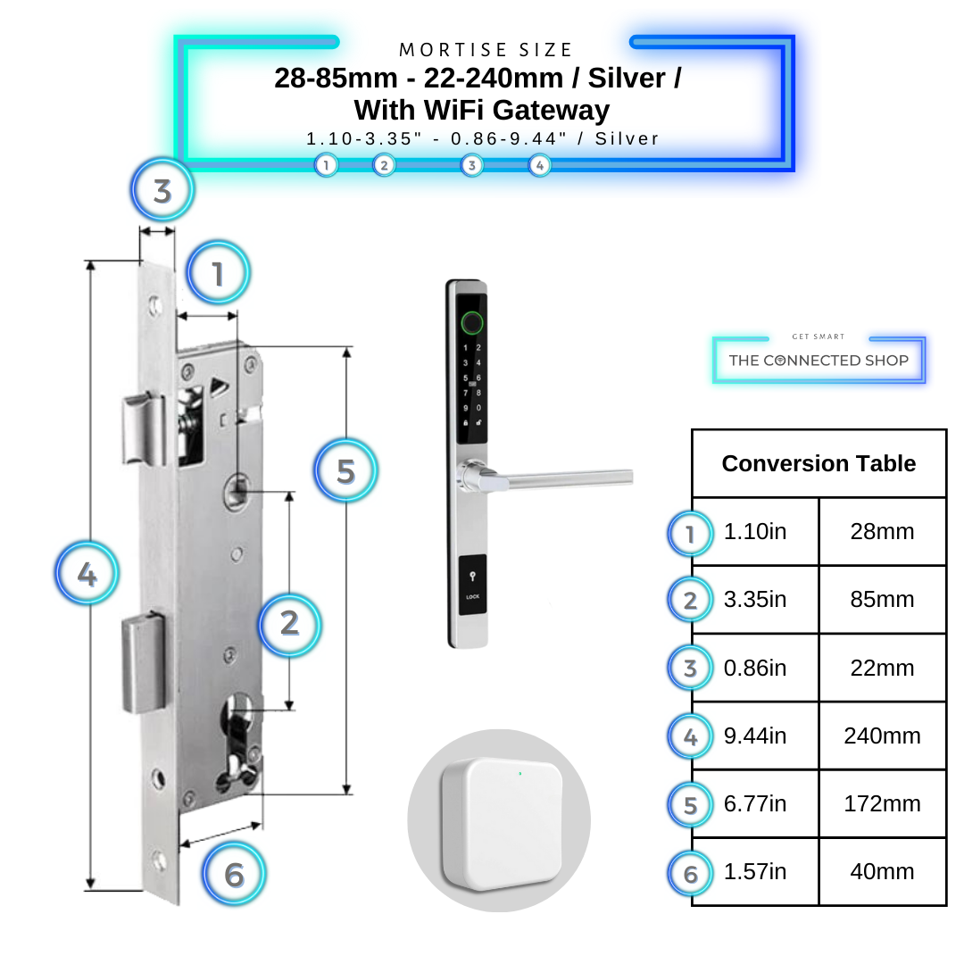 Sliding Door Smart Door Lock - 28-85mm (22x240mm) - Silver - With WiFi Gateway