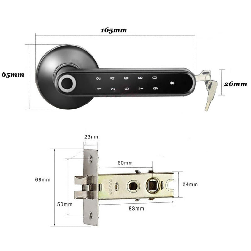 Fingerprint Smart Door Handle - Black - 50mm Single Latch -