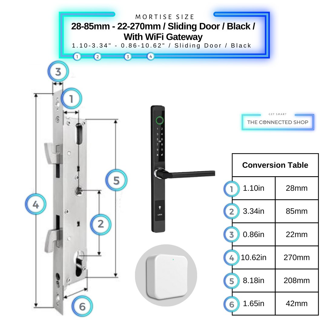 Sliding Door Smart Door Lock - 28-85mm (22x270mm) Sliding Door - Black - With WiFi Gateway