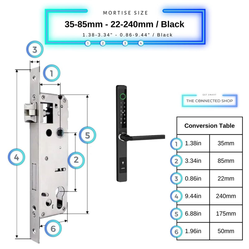 Sliding Door Smart Door Lock - 35-85mm (22x240mm) - Black - No WiFi Gateway