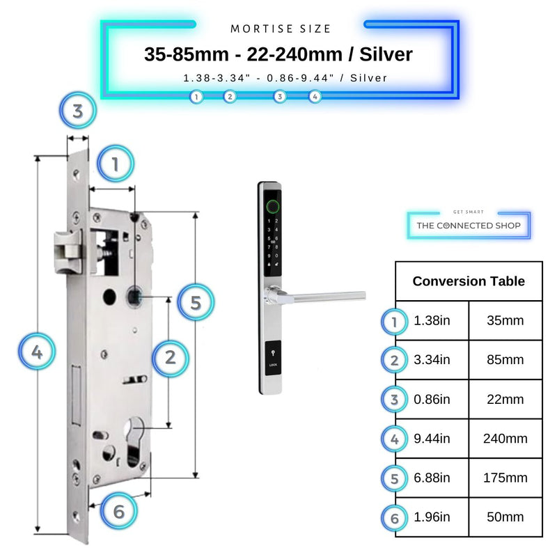 Sliding Door Smart Door Lock - 35-85mm (22x240mm) - Silver - No WiFi Gateway