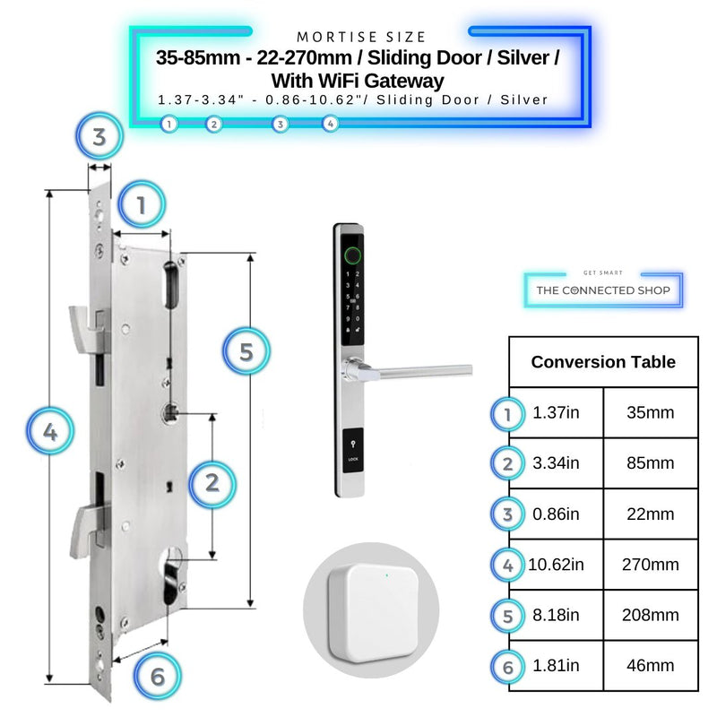 Sliding Door Smart Door Lock - 35-85mm (22x270mm) Sliding Door - Silver - With WiFi Gateway