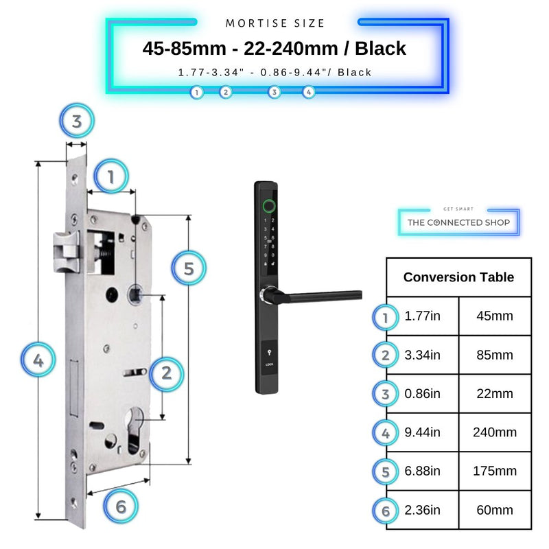 Sliding Door Smart Door Lock - 45-85mm (22x240mm) - Black - No WiFi Gateway