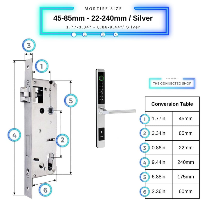 Sliding Door Smart Door Lock - 45-85mm (22x240mm) - Silver - No WiFi Gateway