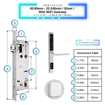 Sliding Door Smart Door Lock - 45-85mm (22x240mm) - Silver - With WiFi Gateway