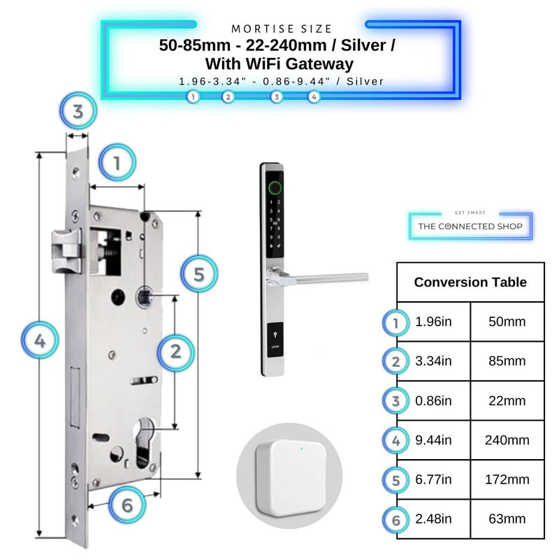 Sliding Door Smart Door Lock - 50-85mm (22x240mm) - Silver - With WiFi Gateway