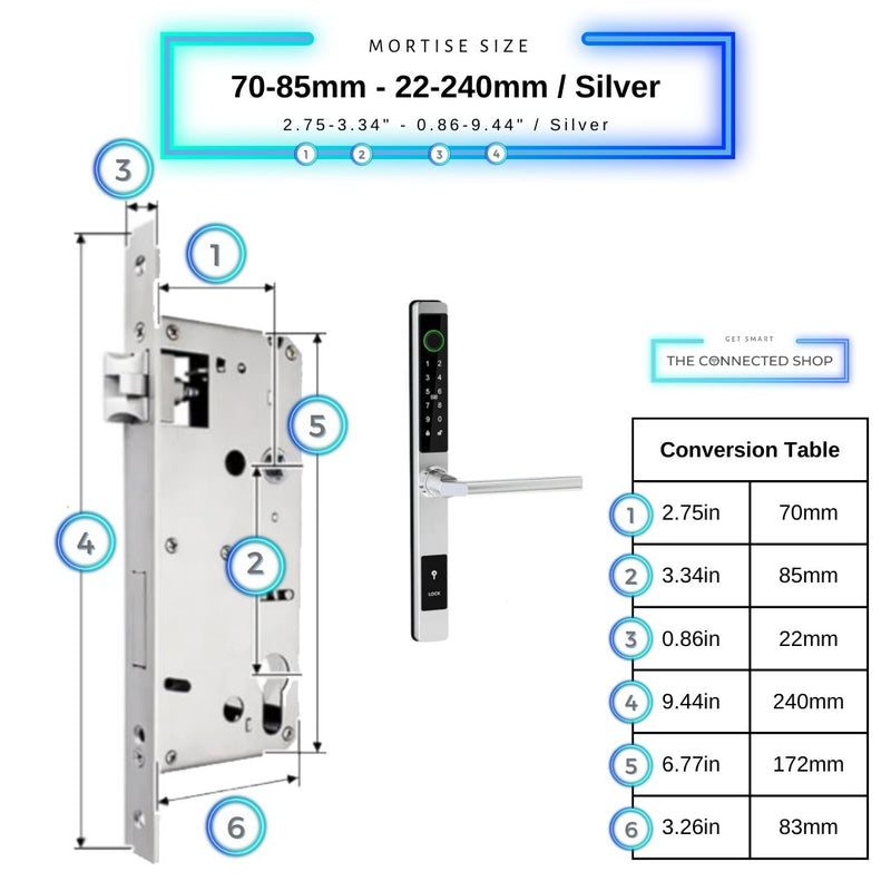 Sliding Door Smart Door Lock - 70-85mm (22x240mm) - Silver - No WiFi Gateway