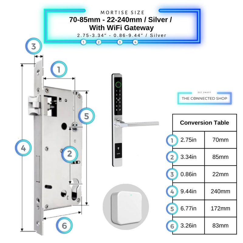 Sliding Door Smart Door Lock - 70-85mm (22x240mm) - Silver - With WiFi Gateway