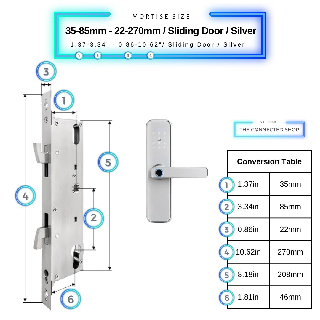 Smart Door Lock - 35-85mm (22x270mm) Sliding Door - Silver -