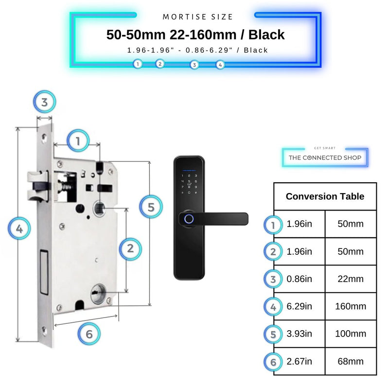 Smart Door Lock - 50-50mm (22x160mm) - Black -