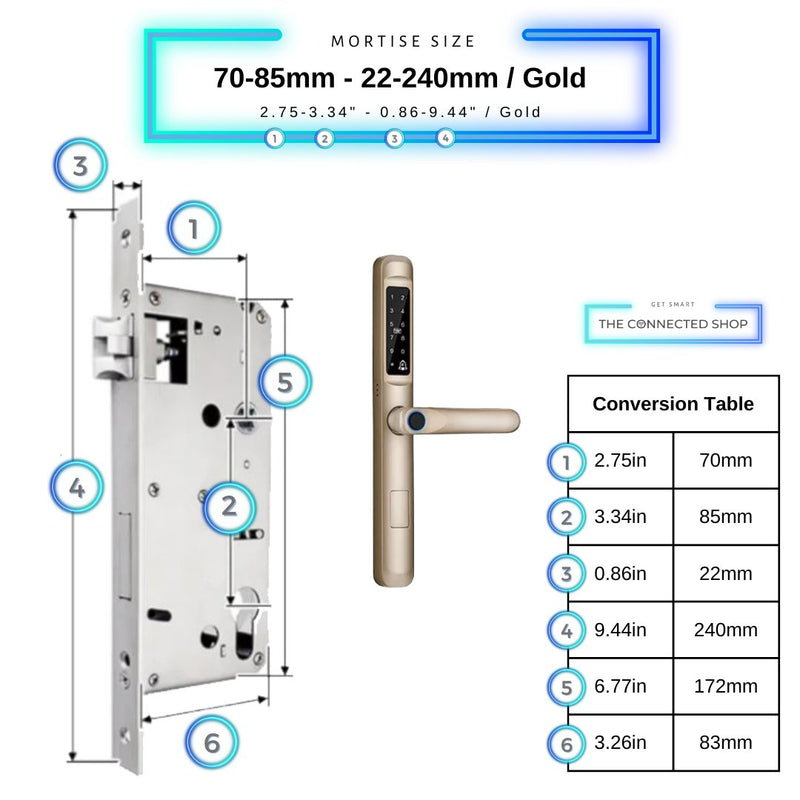 Smart Door Lock Slim - 70-85mm (22x240mm) - Gold -