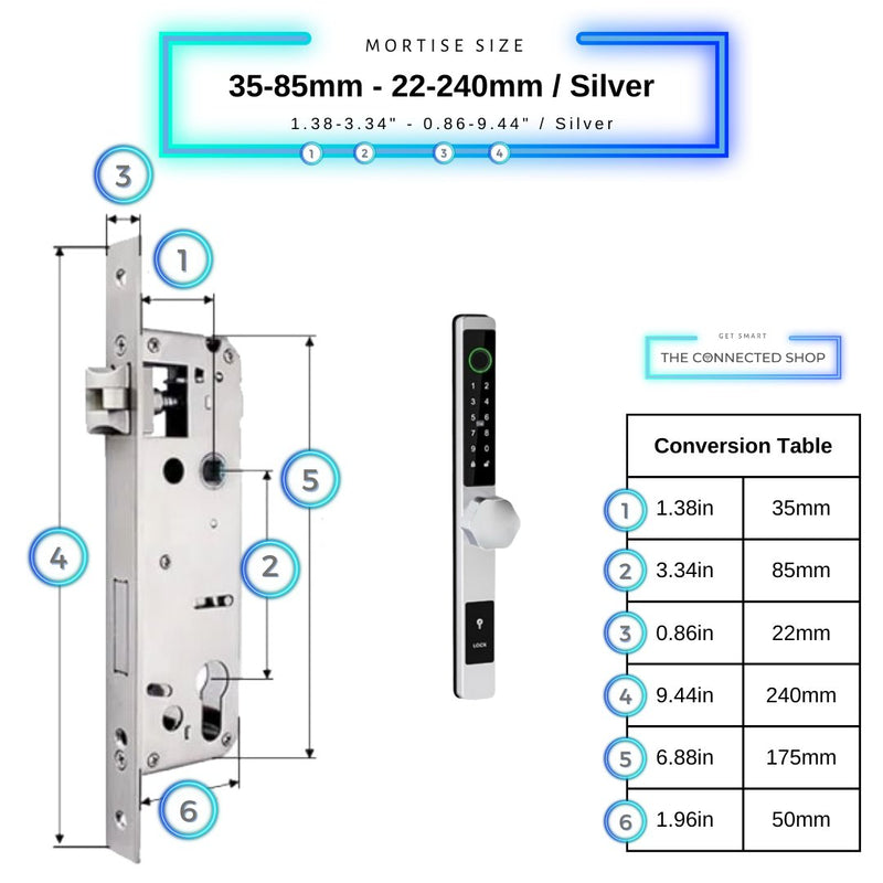 Smart Door Lock Thin - 35-85mm (22x240mm) - Silver - No WiFi Gateway