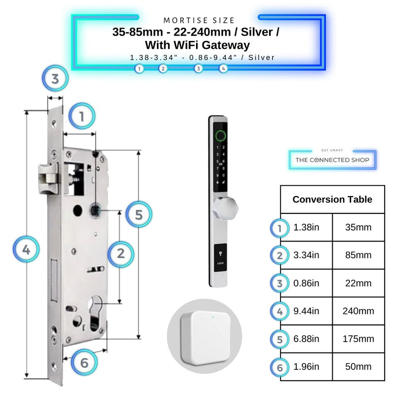 Smart Door Lock Thin - 35-85mm (22x240mm) - Silver - With WiFi Gateway