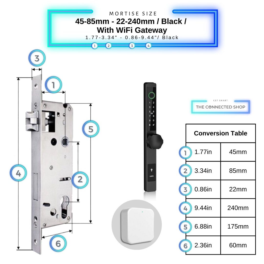 Smart Door Lock Thin - 45-85mm (22x240mm) - Black - With WiFi Gateway