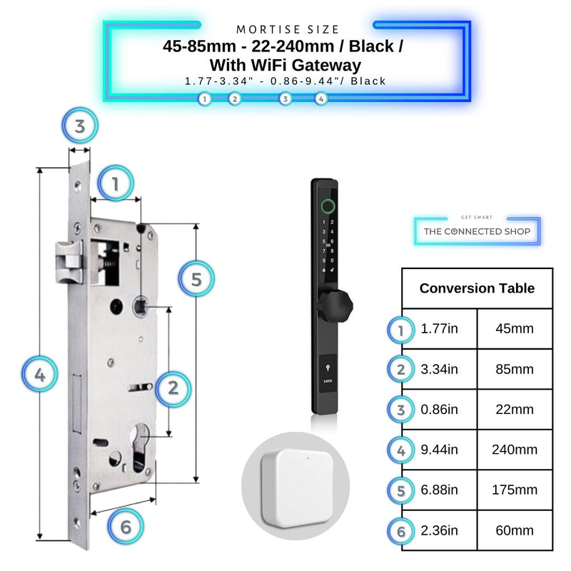 Smart Door Lock Thin - 45-85mm (22x240mm) - Black - With WiFi Gateway