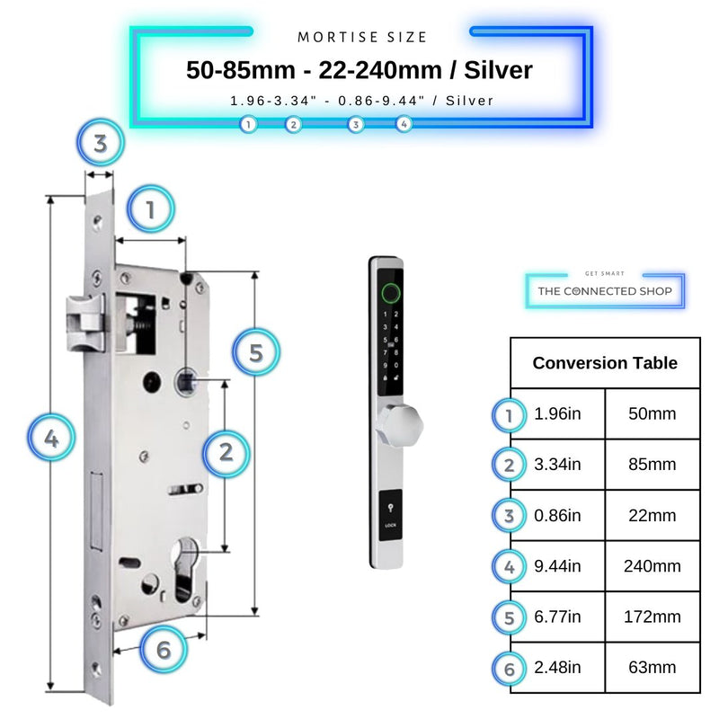 Smart Door Lock Thin - 50-85mm (22x240mm) - Silver - No WiFi Gateway