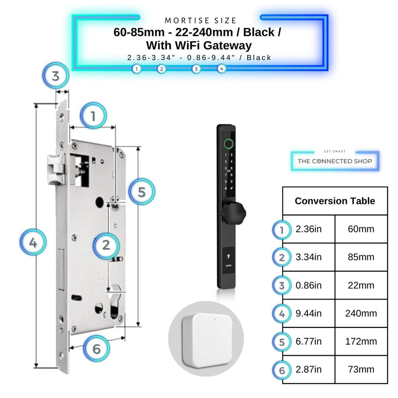 Smart Door Lock Thin - 60-85mm (22x240mm) - Black - With WiFi Gateway