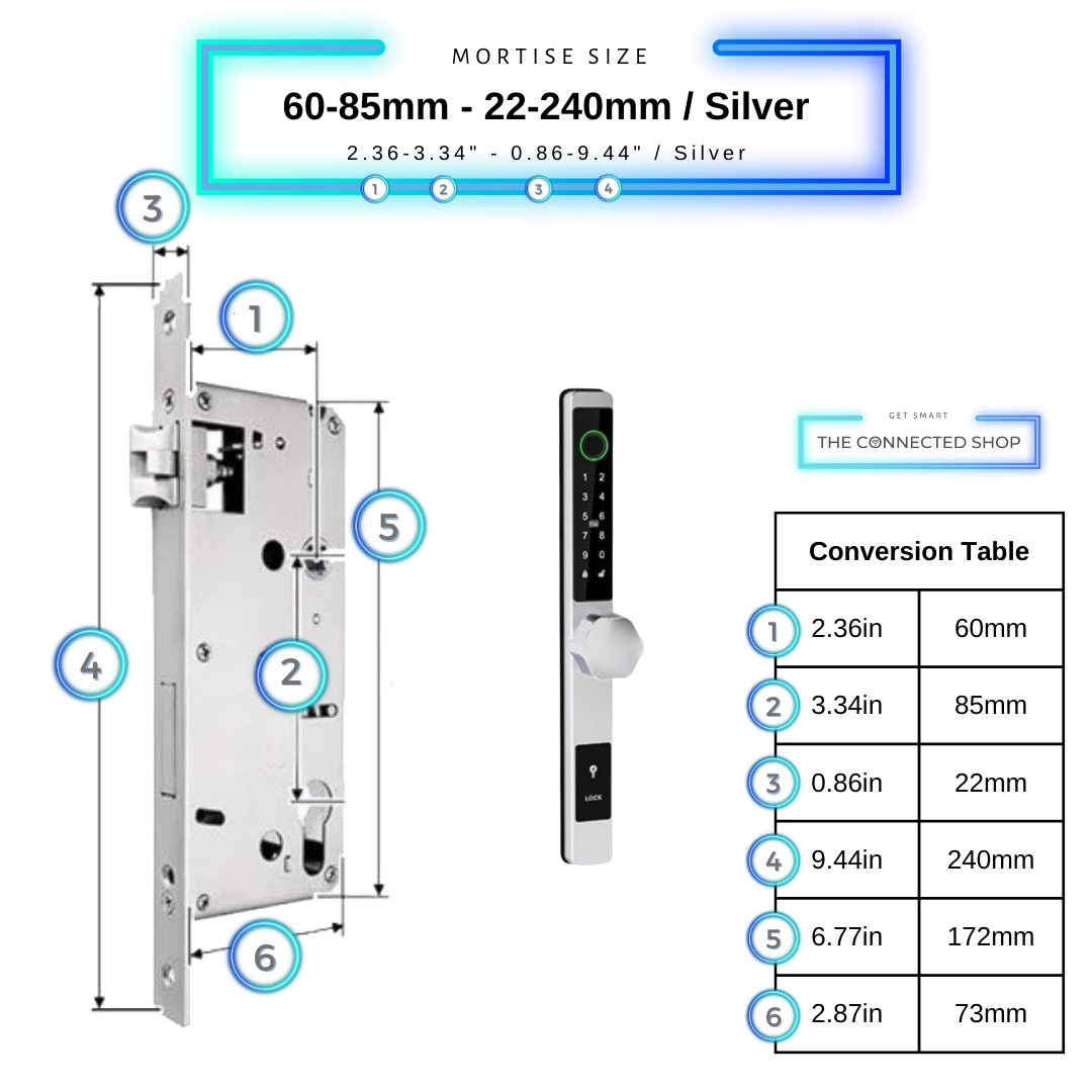Smart Door Lock Thin - 60-85mm (22x240mm) - Silver - No WiFi Gateway