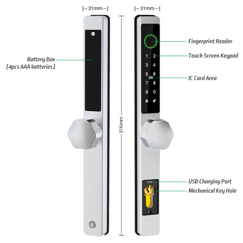 Smart Door Lock Thin - No mortise - Silver - No WiFi Gateway