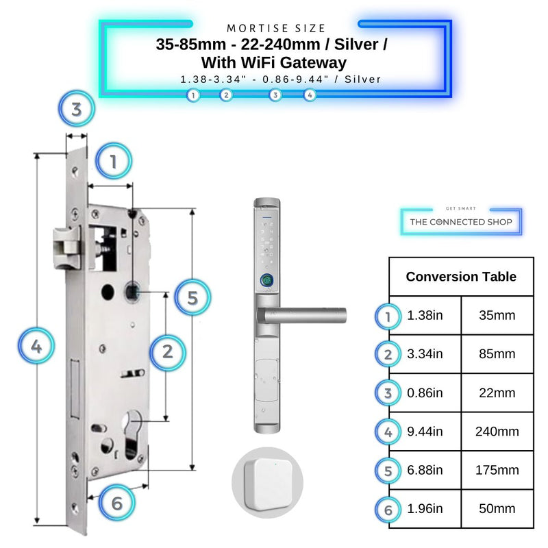 Swing Door Smart Lock - 35-85mm (22x240mm) - Silver - With Gateway